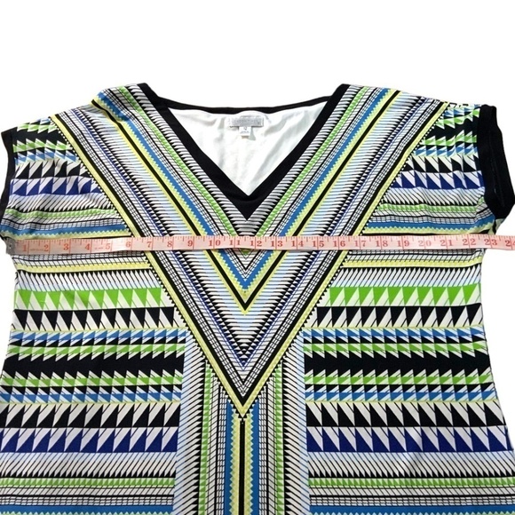 LONDON TIMES Geometric Print Vee Neck and Back Short Sleeve Mini Dress US Sz 12 - Picture 4 of 8